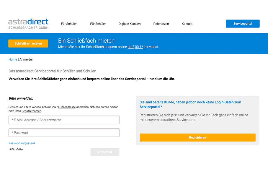 astradirect Schließfächer, Schutzbrief Versicherung Das astradirect Schließfächer Online-Serviceportal, Schülerportal