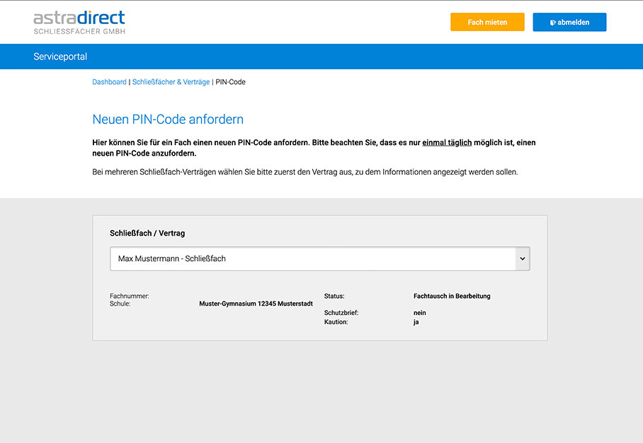 astradirect Schließfächer, Schutzbrief Neuen PIN-Code oder Zahlencode einfach Online bei astradirect Schließfächer anfordern